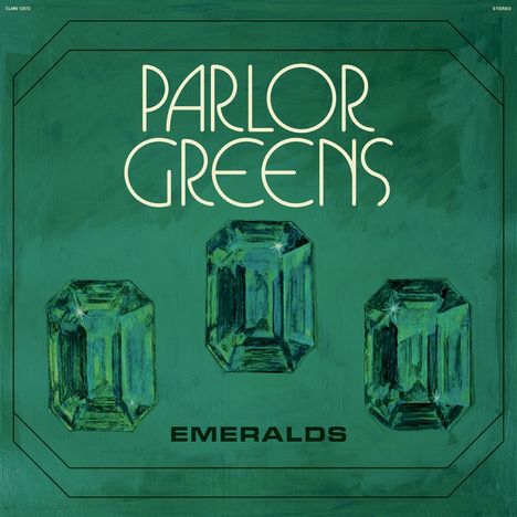 Text: "Parlor Greens" oben, "Emeralds" unten. Drei grüne Edelsteine sind in der Mitte dargestellt, Illustration auf grünem Hintergrund.