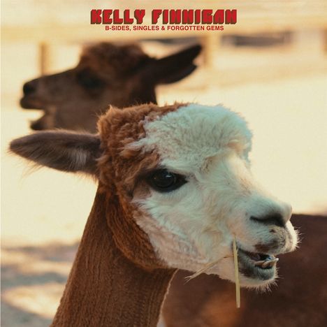 Text: "Kelly Finnigan B-Sides, Singles & Forgotten Gems." Zwei Alpakas; das vordere kaut auf einem Strohhalm.