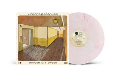 Texts: "Karate Boogaloo", "Access All Areas", tracklist. Cover art: hallway, elevator, exit sign. Light pink vinyl.