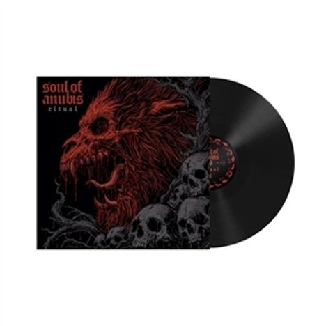 Text: "soul of anubis ritual". Illustration: Roter Löwenkopf, dunkle Schädel, Schallplatte daneben.