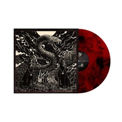 Keine erkennbaren Texte. Illustration: Eine große, aggressive Schlange mit geöffnetem Maul, zwei düstere Wölfe und roter Vinyl.