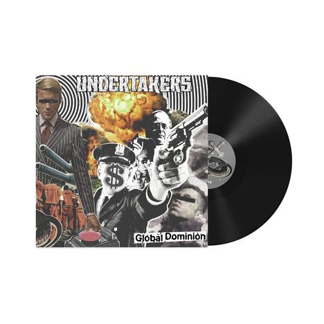 Cover mit den Worten „Undertakers“ und „Global Dominion“. Collage aus Politikern, Explosionen und Waffen.