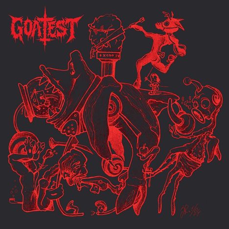 Text: "CONTEST", "XOXO IV". Illustration mit fantasievollen Kreaturen in leuchtendem Rot auf dunklem Hintergrund.