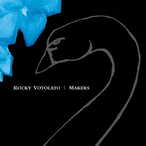 "Rocky Votolato | Makers." Illustration: Schwarzer Hintergrund mit blauer Blume und stilisiertem Schwan.