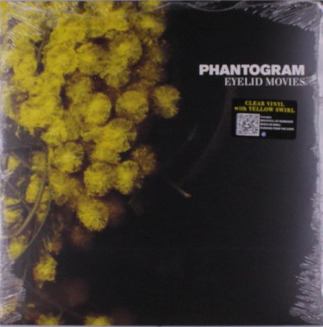 „PHANTOGRAM EYELID MOVIES“ mit gelbem Blumenmuster auf dunklem Hintergrund, Sticker: „CLEAR VINYL with YELLOW SWIRL“.