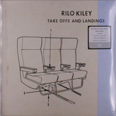 „RILO KILEY TAKE OFFS AND LANDINGS“ steht oben. Zeichnung von Flugzeugsitzen mit Nummern und Pfeilen.