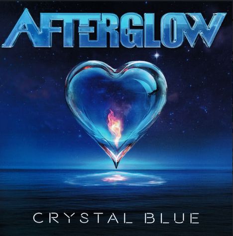Oben steht "AFTERGLOW" in großen Buchstaben, unten "CRYSTAL BLUE". Eine Illustration zeigt ein Herz aus Glas mit Flamme.