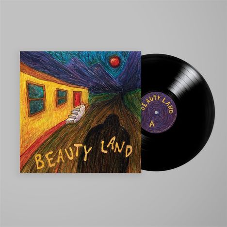 "BEAUTY LAND" steht auf einem Albumcover mit einer gemalten Landschaft bei Nacht, einem Gebäude und Bergen.
