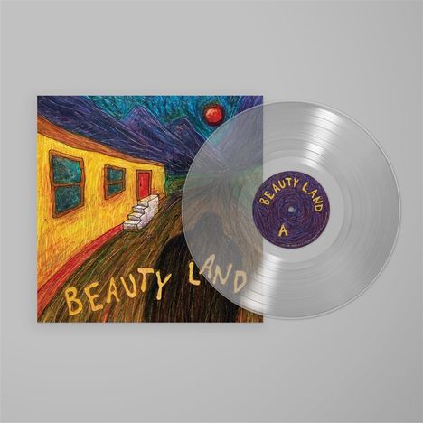 „BEAUTY LAND“ steht auf einem Albumcover und einer Schallplatte. Illustration: Gelbes Haus, Berge, roter Himmel.