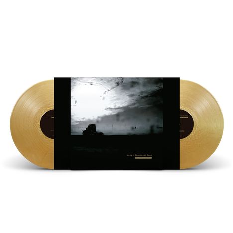 "Envy: Innocence Dead" steht auf einem Schallplattencover. Zwei goldene Vinyls flankieren ein schwarz-weißes Landschaftsfoto.