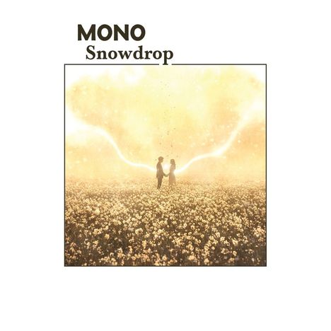 Text: "MONO Snowdrop". Zwei Menschen in einem leuchtenden Blumenfeld, verbunden durch ein Lichtband.