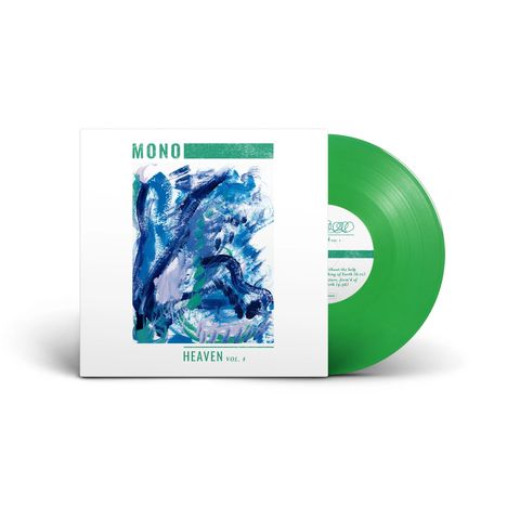„MONO“, „HEAVEN VOL. 4“ in Grün. Abstrakte blaue Pinselstriche. Grüne Vinylplatte.