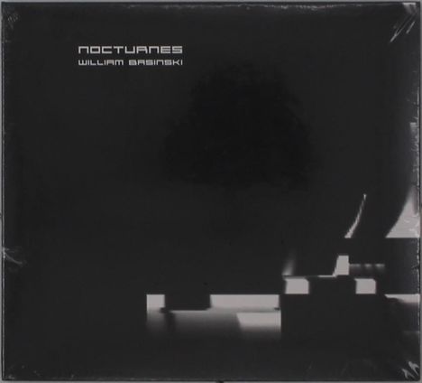 "Nocturnes" William Basinski, schwarze abstrakte Grafik mit lichtdurchfluteten geometrischen Formen unten rechts.