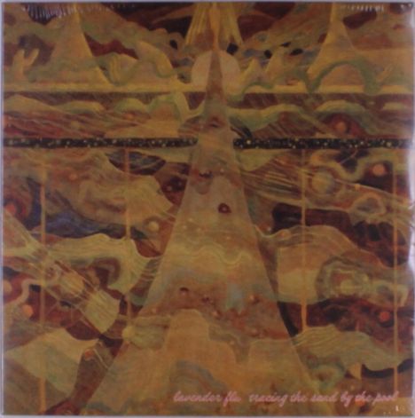 Text: „Lavender Flu, Tracing the Sand by the Post“. Illustration aus abstrakten Formen in warmen Erdtönen.