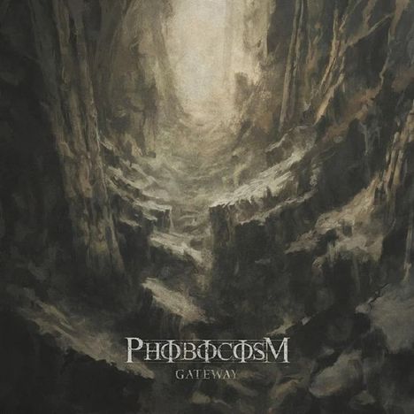 Text: "PHOBOCOSM GATEWAY". Illustration einer düsteren, felsigen Schlucht mit einem hellen, einladenden Licht am Ende.