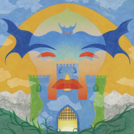Ein farbenfrohes, verspieltes Gemälde zeigt eine Burg, die ein Gesicht bildet, mit einer Fledermaus darüber.