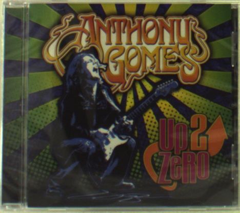 Text: "Anthony Gomes", "Up 2 Zero". Illustration eines Gitarristen vor einem strahlenden Hintergrund in Grün und Lila.