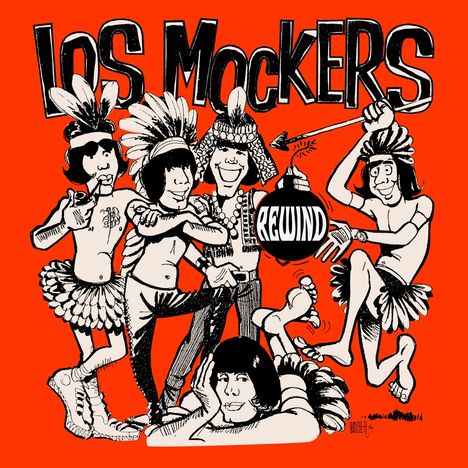 „LOS MOCKERS“ und „REWIND“ in einer Illustration mit Figuren in indianischen Kostümen auf rotem Hintergrund.