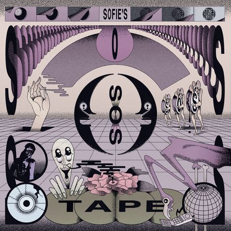 "Sofie's SOS Tape" und "Stones Throw". Surreale Illustration mit schwebenden Formen, Händen und tanzenden Figuren.
