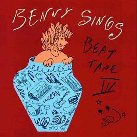 "Benny Sings Beat Tape IV." Ein Tier mit Blume auf dem Kopf in einer Vase mit Musikmotiven, auf rotem Hintergrund.