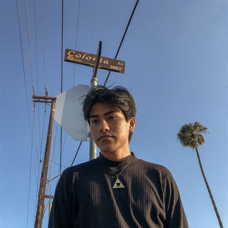 Text: "Colonia Rd 300 E". Ein junger Mann mit dunklem Haar trägt einen Pullover und eine Kette. Hintergrund: Himmel, Palme, Strommasten.