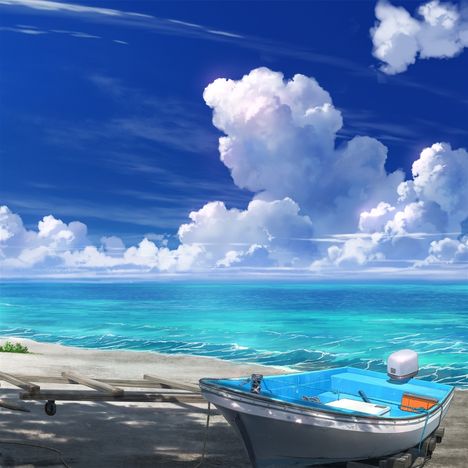 Keine Texte vorhanden. Ein kleines Boot liegt am Strand vor türkisfarbenem Meer und blauem Himmel mit weißen Wolken.