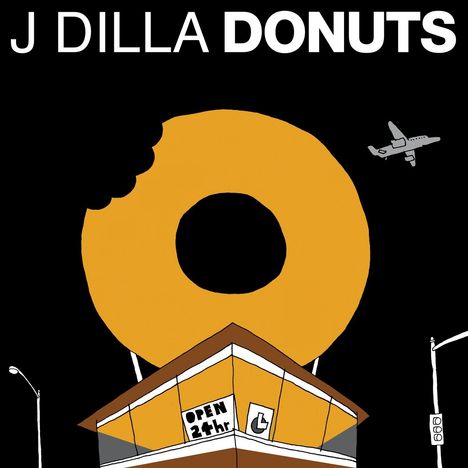 Text: "J DILLA DONUTS" oben, "OPEN 24 hr" an einem Geschäft. Ein Donut mit Biss, Flugzeug und Straßenlaternen sind sichtbar.