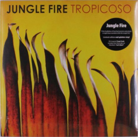 "JUNGLE FIRE TROPICOSO" steht in großen Buchstaben auf gelbem Hintergrund. Dunkle, organische Formen steigen von unten auf.