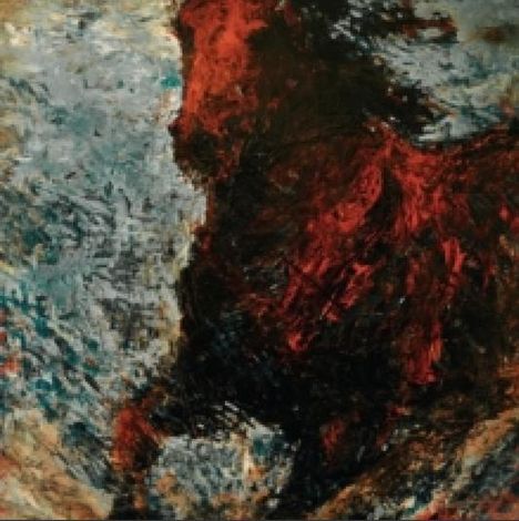 Eine abstrakte Illustration eines dunkelroten Pferdes in Bewegung auf turbulentem blau-weißem Hintergrund.