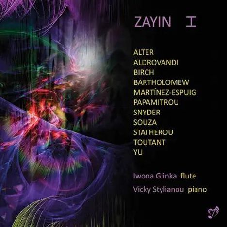 "ZAYIN I" und Namen einer Künstlerliste. Unten: Iwona Glinka Flöte, Vicky Stylianou Klavier. Farbenfrohe Abstraktion.