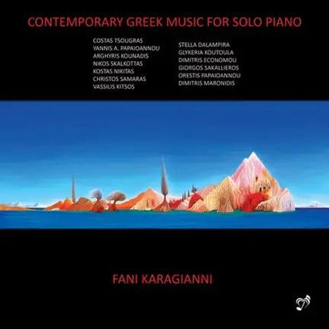 "Contemporary Greek Music for Solo Piano" mit Künstlernamen, darunter eine farbenfrohe Illustration einer Landschaft.