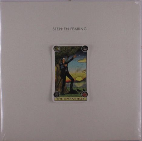 Text: "STEPHEN FEARING" und "THE EMPATHIST". Illustration: Person zeigt auf einen Sonnenuntergang, umgeben von Symbolen.