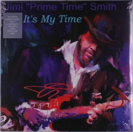 „Jimi ‚Prime Time‘ Smith, It’s My Time.“ Illustration eines Mannes mit Hut, Gitarre spielend, in kräftigen Farben.