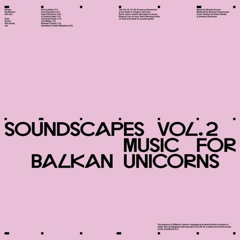 "SOUNDCAPES VOL.2 MUSIC FOR BALKAN UNICORNS" in großer schwarzer Schrift auf rosa Hintergrund.