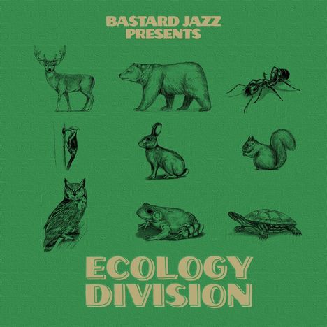 Oben steht "BASTARD JAZZ PRESENTS", unten "ECOLOGY DIVISION". Skizzen von neun Tieren auf grünem Hintergrund.