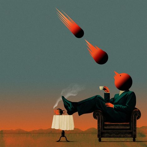 Illustration: Eine Figur im Anzug sitzt entspannt mit Kaffeetasse, Füße auf einem Tisch. Am Himmel fliegen brennende Objekte.