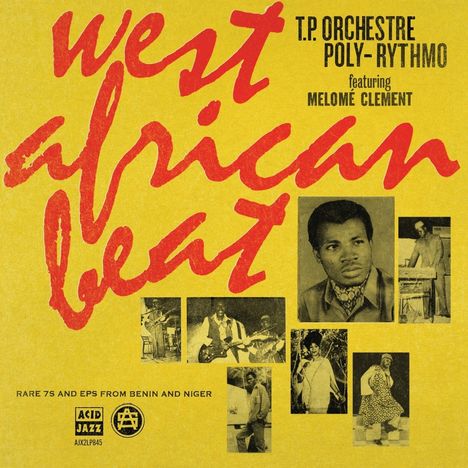 "West African Beat" in Rot. Schwarz-Weiß-Fotos von Musikern darunter. Gelber Hintergrund mit rotem und schwarzem Text.