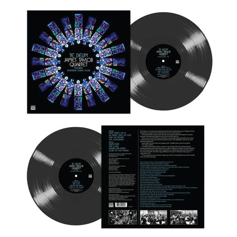 "Te Deum. James Taylor Quartet featuring Benedictine Chapel Choir" steht in der Mitte eines abstrakten, bunten Designs.