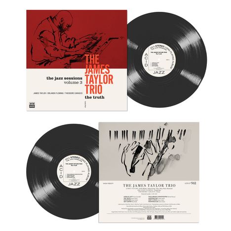 "The Jazz Sessions Volume 3", "The James Taylor Trio", "The Truth", zwei Schallplatten, stilisierte Pianotasten-Illustration.