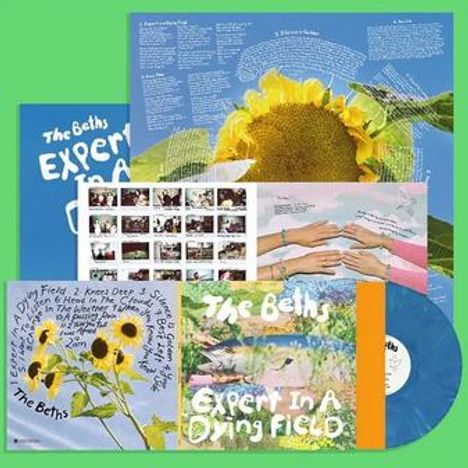 "The Beths", "Expert In A Dying Field". Verschiedene Album-Cover mit Sonnenblumen, Händen und einer blauen Schallplatte.