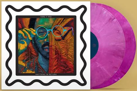 Text: "Toro y Moi", "Anything in Return". Buntes, abstraktes Porträt mit runder Brille. Pinke Vinyl-Schallplatte daneben.
