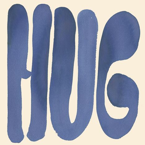 HUG in großen, blauen, handgemalten Buchstaben. Creamfarbener Hintergrund.