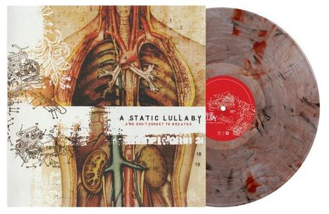 "A Static Lullaby And Don't Forget to Breathe." Illustration eines menschlichen Torsos teils überlagert von einer Vinyl-Schallplatte.