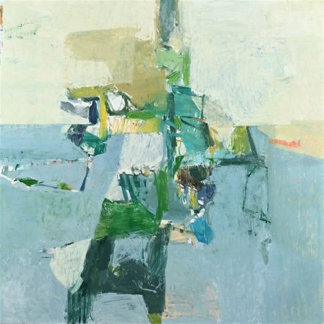 Abstrakte Kunst mit dominanten Blau- und Grüntönen, verspielter Pinselstrich, keine erkennbaren Motive oder Texte.