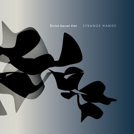"Eivind Aarset 4tet STRANGE HANDS" in weißer Schrift auf einem blau-grauen Verlauf; abstrakte schwarze Formen.