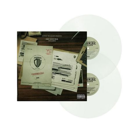 Text: "CONWAY THE MACHINE PRESENTS DRUMWORK THE ALBUM, CONFIDENTIAL." Aktenordner auf einem Tisch, zwei weiße Schallplatten.