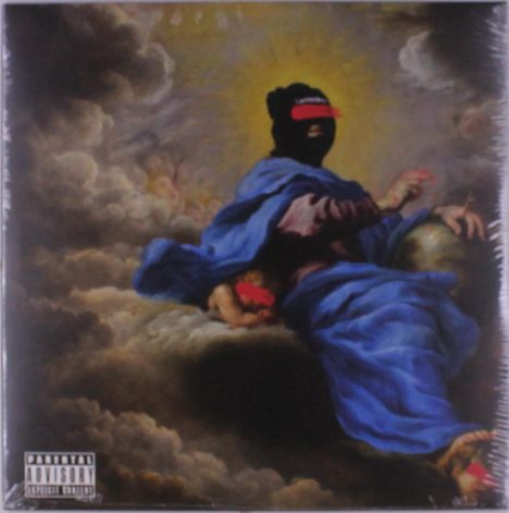 Ein Gemälde zeigt eine Person auf Wolken, bekleidet mit blauen Gewändern und einem schwarzen Gesichtsschutz. Parental Advisory unten.