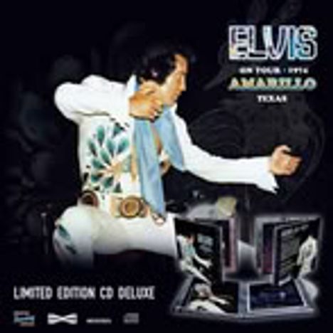 ELVIS ON TOUR 1974, AMARILLO, TEXAS. LIMITED EDITION CD DELUXE. Sänger in weißem Anzug hält Mikrofon, CDs darunter.