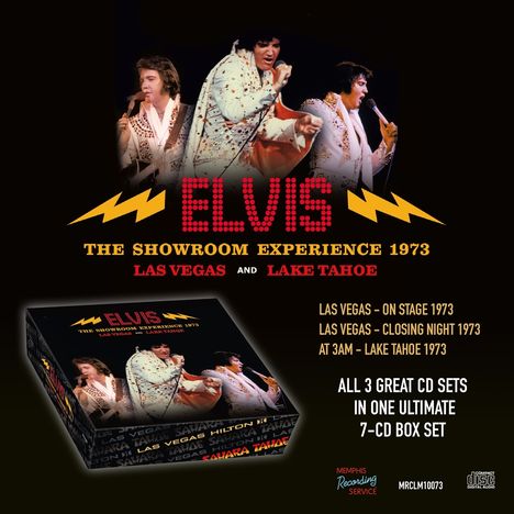"ELVIS THE SHOWROOM EXPERIENCE 1973 LAS VEGAS AND LAKE TAHOE" und Bilder von Elvis in weißen Bühnenoutfits.