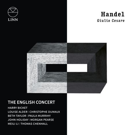 Texte: "Handel Giulio Cesare", "THE ENGLISH CONCERT". Schwarz-weiße geometrische Form mit rechteckigem Muster.